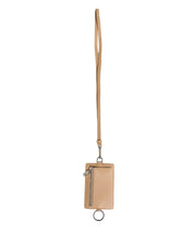 Beige Leather Logo Embossed Lanyard Card Holder Wallet