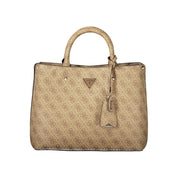 Beige Leather Women's Bag with Handles and Shoulder Strap