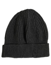 Men Charcoal Grey Ribbed Wool Knit Beanie One Size Hat