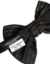Men Black Pinstripe Silk Adjustable Neck Papillon Bow Tie