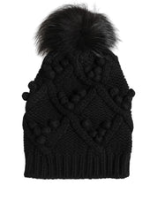 Black Cashmere Knitted Fur Pom-Pom Beanie One Size Hat