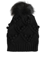 Black Cashmere Knitted Fur Pom-Pom Beanie One Size Hat
