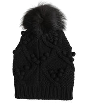Black Cashmere Knitted Fur Pom-Pom Beanie One Size Hat
