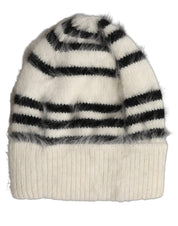 Black White Striped Angora Knitted Beanie One Size Hat