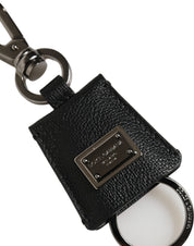 Black Dauphine Leather Silver Metal Logo Plaque Keyring