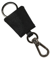Black Dauphine Leather Silver Metal Logo Plaque Keyring