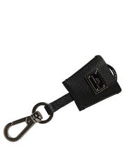 Black Dauphine Leather Silver Metal Logo Plaque Keyring