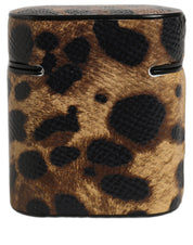 Brown Leopard Calf Leather Metal Logo Plaque Airpods Case