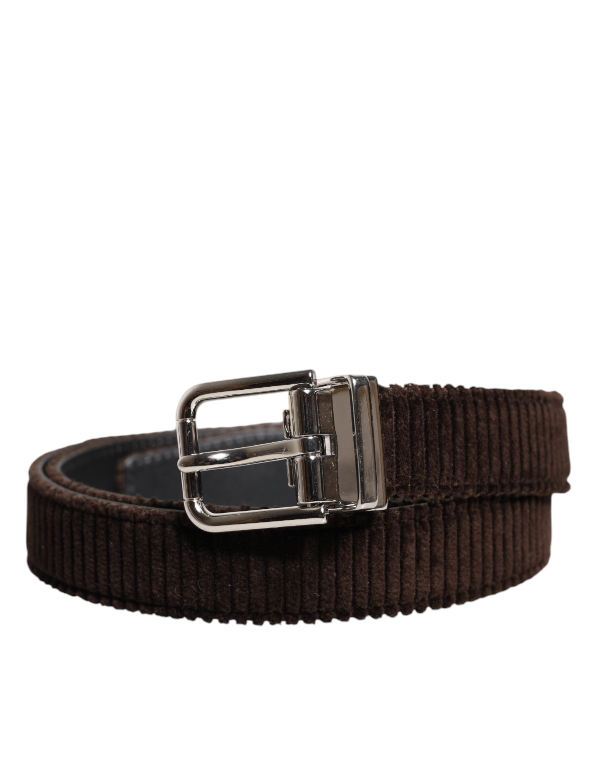 Dolce & Gabbana Men Brown Velvet Ridged Silver Buckle Belt Dolce & Gabbana