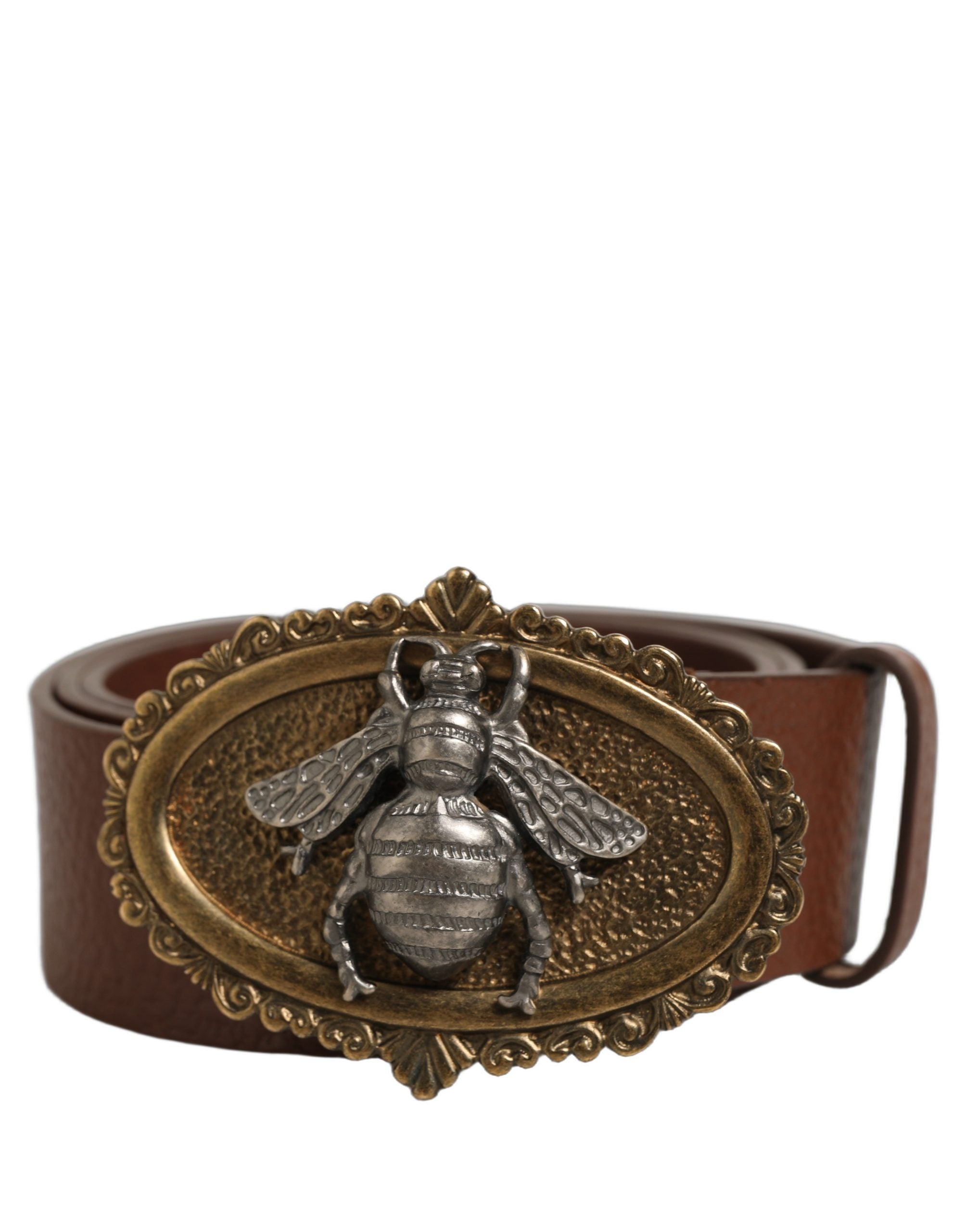 Dolce & Gabbana Brown Leather Bee Accent Metal Buckle Belt Dolce & Gabbana