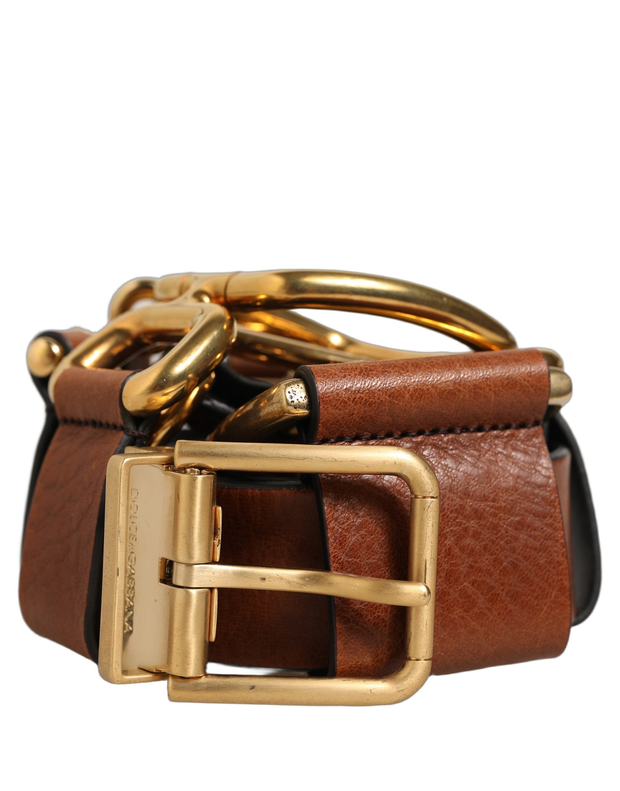 Dolce & Gabbana Brown Leather Gold Metal Rings Buckle Belt Dolce & Gabbana