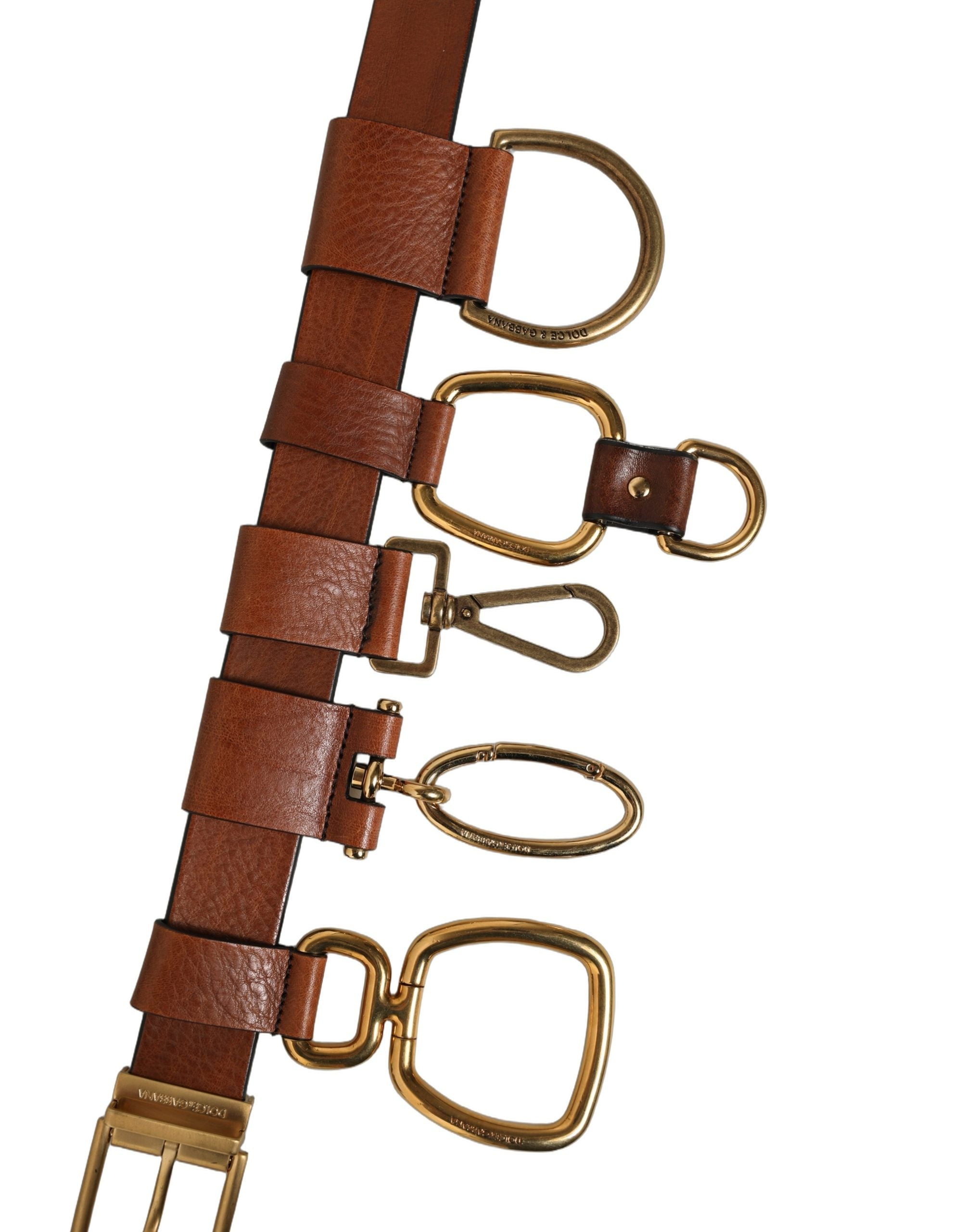 Dolce & Gabbana Brown Leather Gold Metal Rings Buckle Belt Dolce & Gabbana