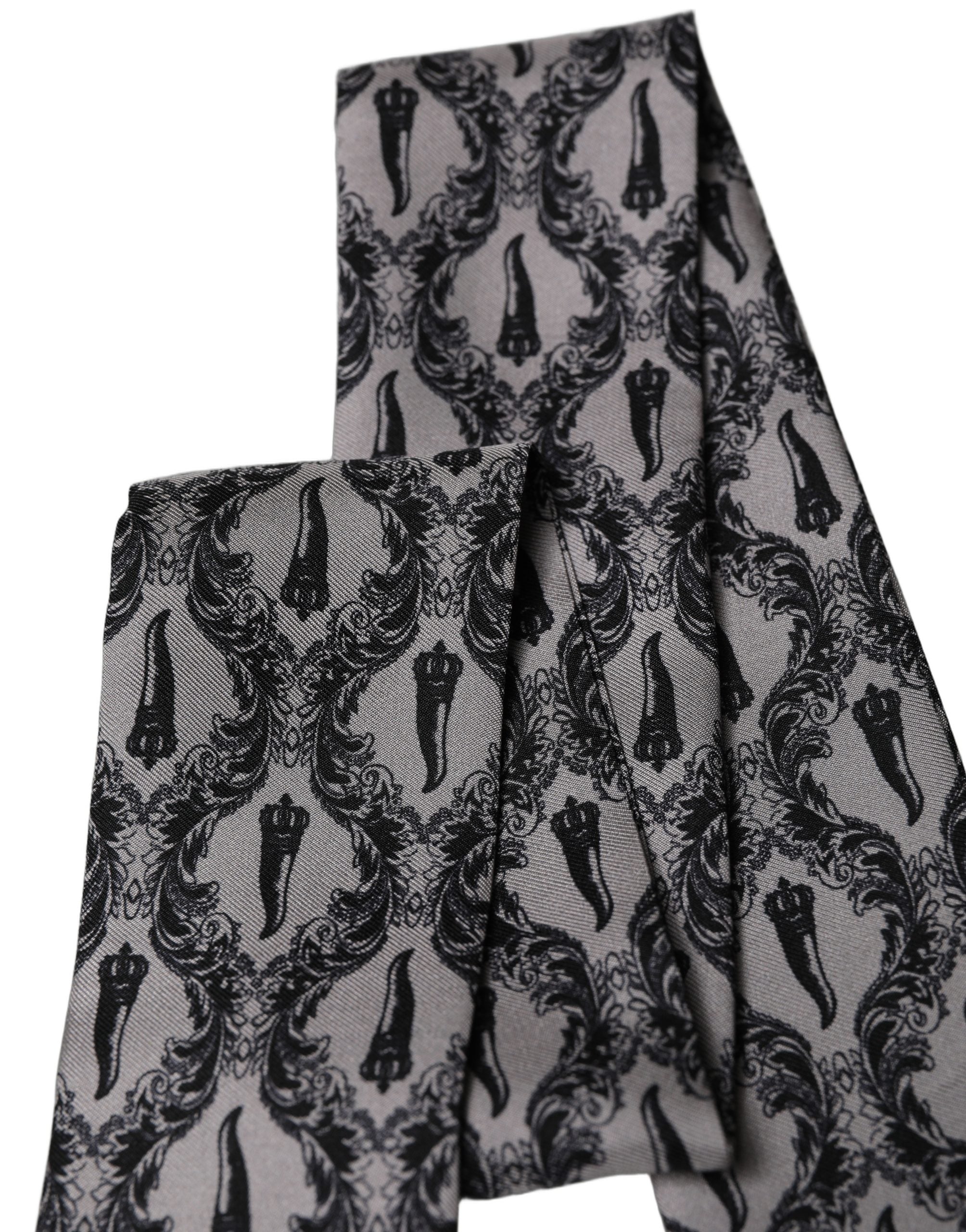 Dolce & Gabbana Gray Baroque Silk Fringed Skinny Foulard Scarf Dolce & Gabbana