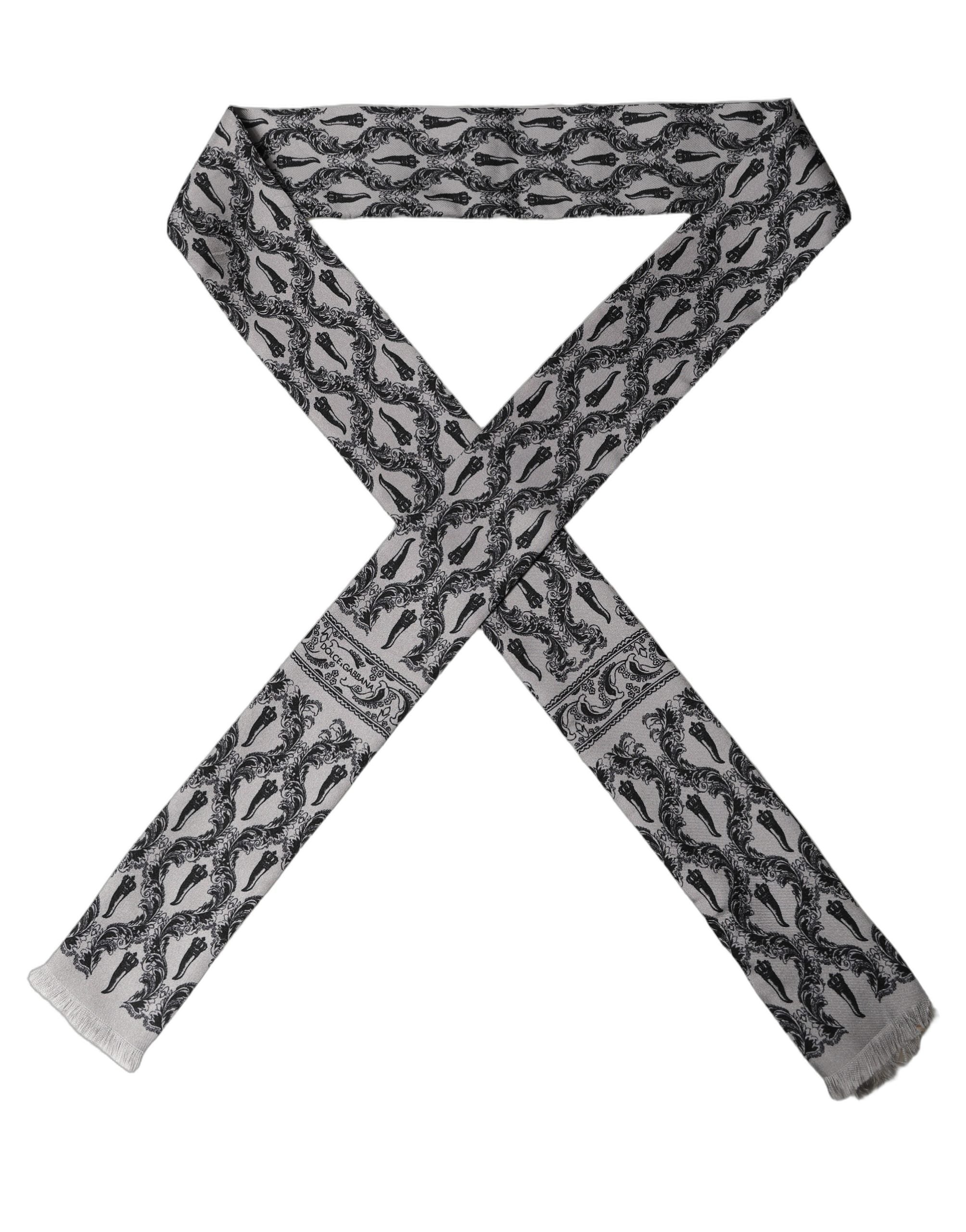 Dolce & Gabbana Gray Baroque Silk Fringed Skinny Foulard Scarf Dolce & Gabbana