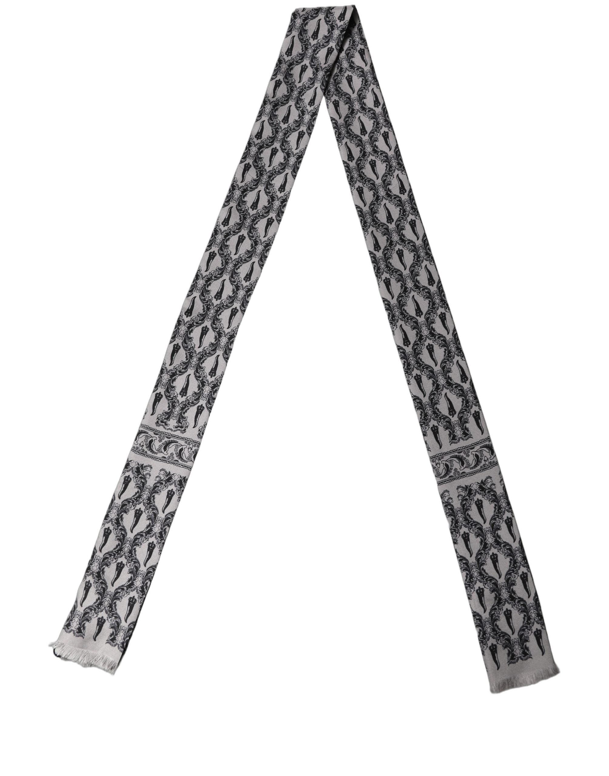Dolce & Gabbana Gray Baroque Silk Fringed Skinny Foulard Scarf Dolce & Gabbana