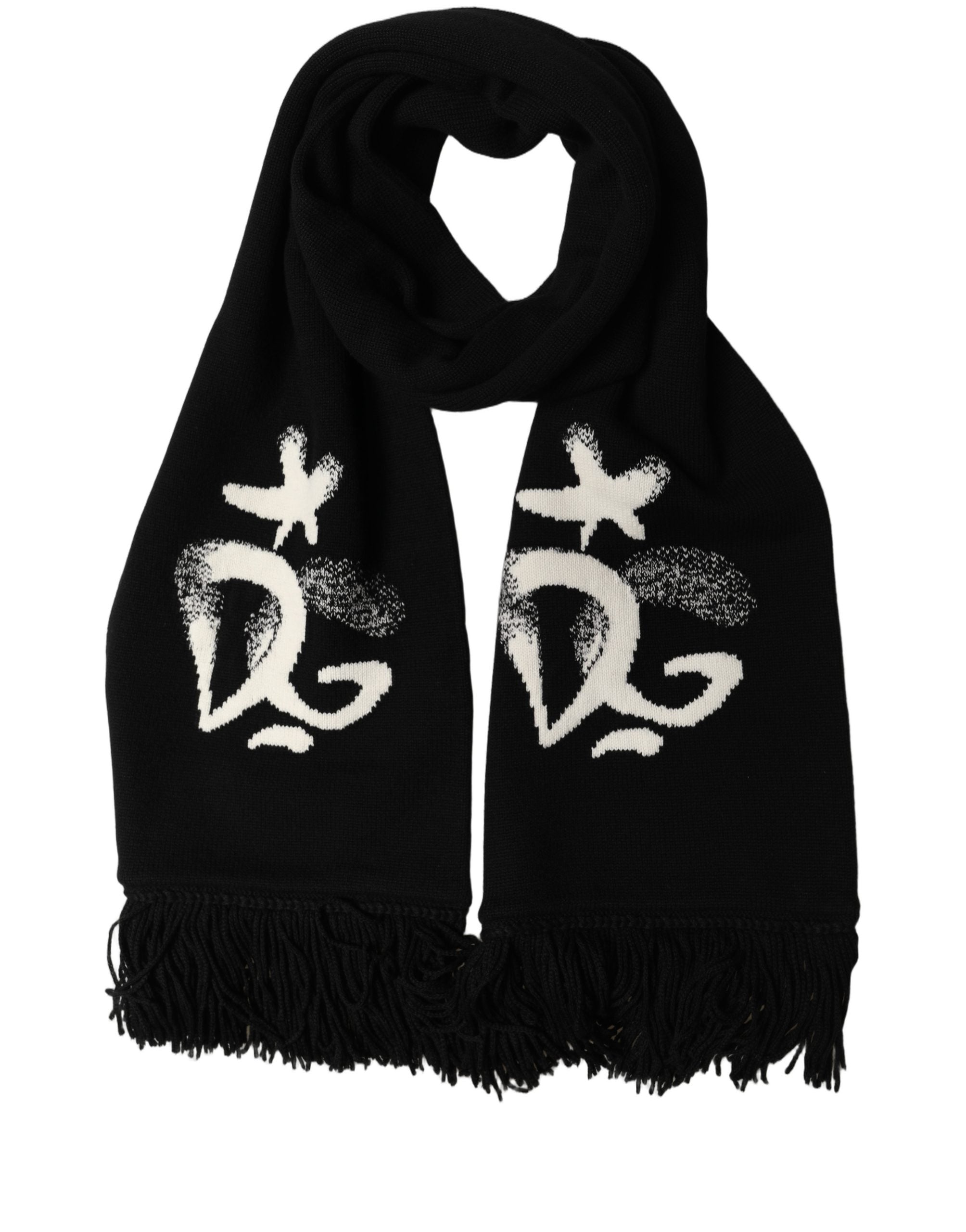 Dolce & Gabbana Black Cashmere Knitted Fringed Foulard Scarf Dolce & Gabbana
