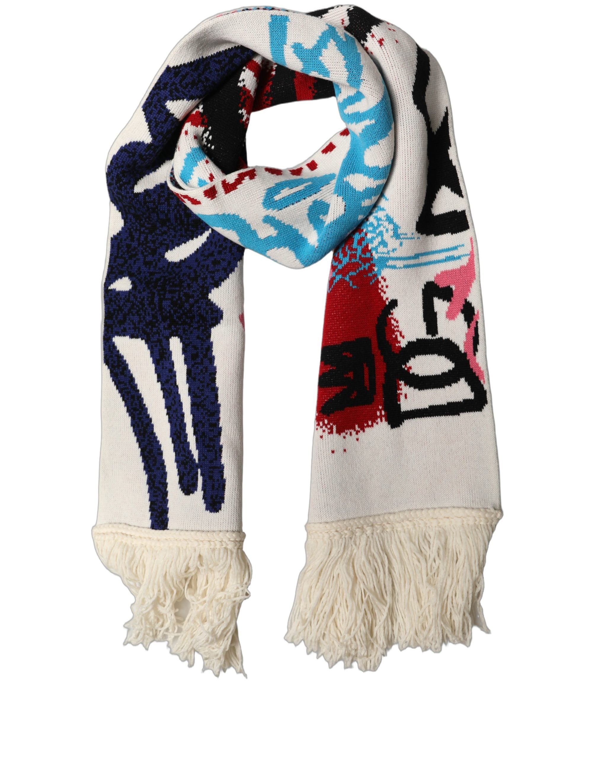 Dolce & Gabbana White Graphic Cashmere Fringed Shawl Scarf Dolce & Gabbana