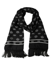 Dolce & Gabbana Black Silk Crown Fringed Neck Shawl Scarf Dolce & Gabbana