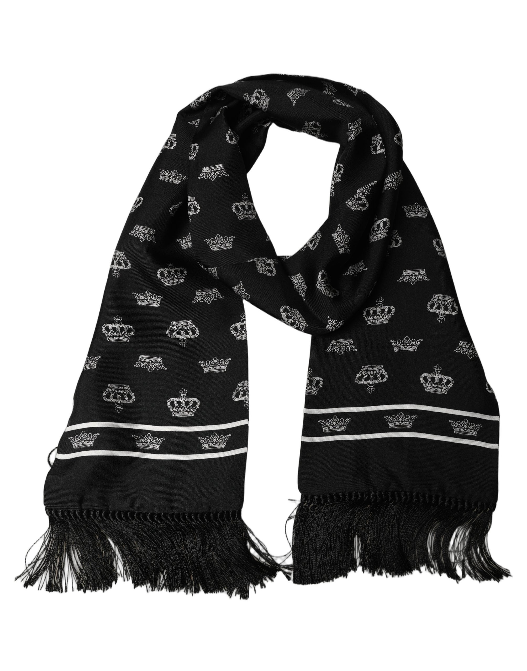Dolce & Gabbana Black Silk Crown Fringed Neck Shawl Scarf Dolce & Gabbana