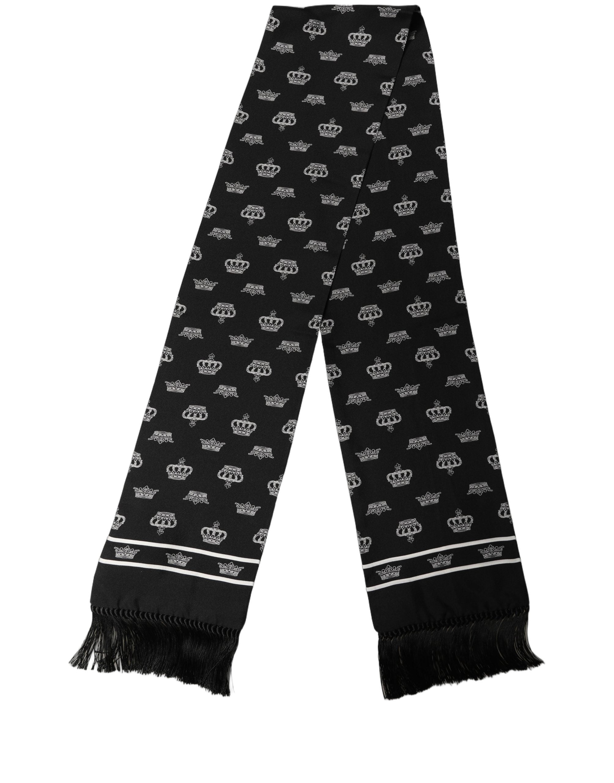 Dolce & Gabbana Black Silk Crown Fringed Neck Shawl Scarf Dolce & Gabbana