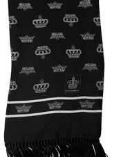 Dolce & Gabbana Black Silk Crown Fringed Neck Shawl Scarf Dolce & Gabbana