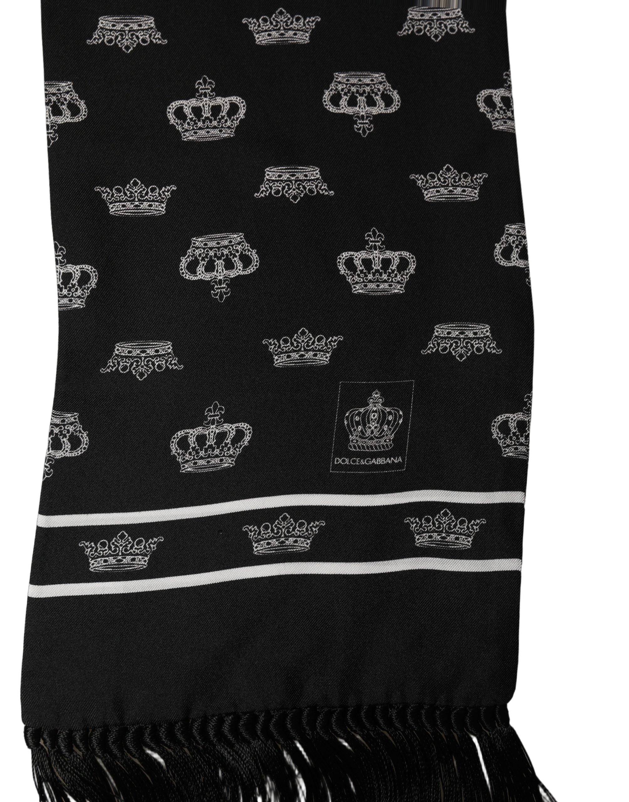 Dolce & Gabbana Black Silk Crown Fringed Neck Shawl Scarf Dolce & Gabbana