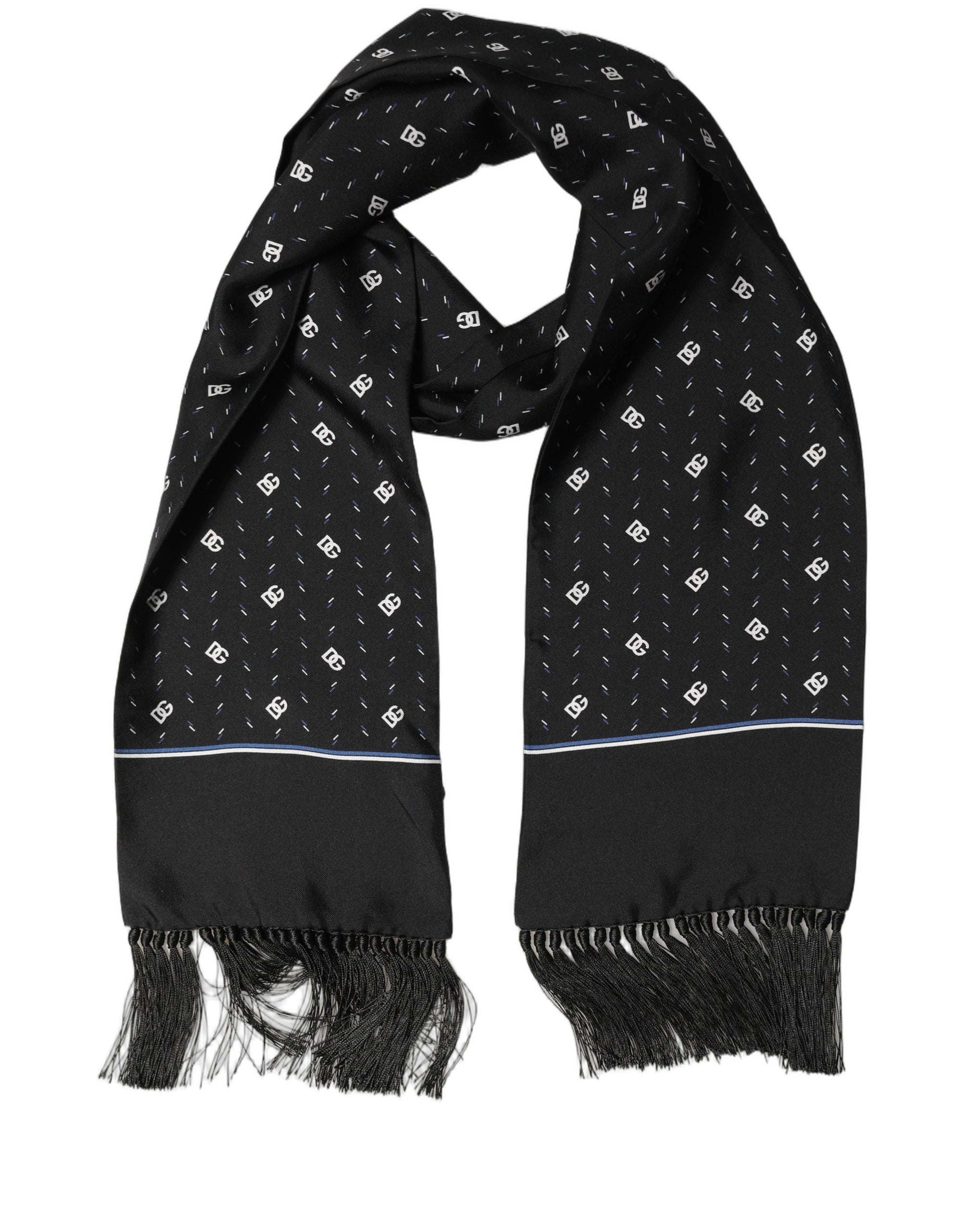 Dolce & Gabbana Black Silk DG Logo Men Fringed Shawl Scarf