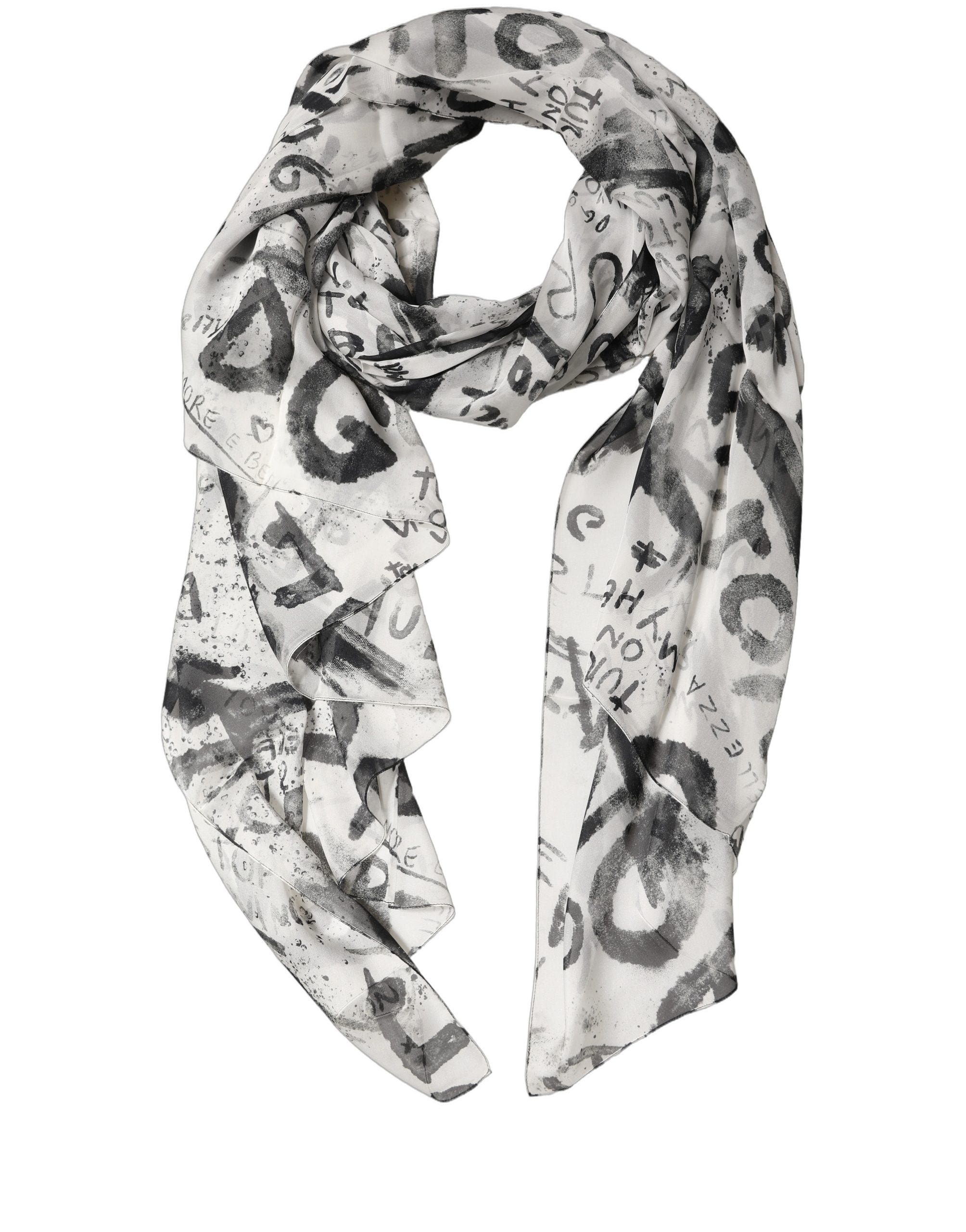Dolce & Gabbana White Graffiti Logo Silk Shawl Stole Scarf