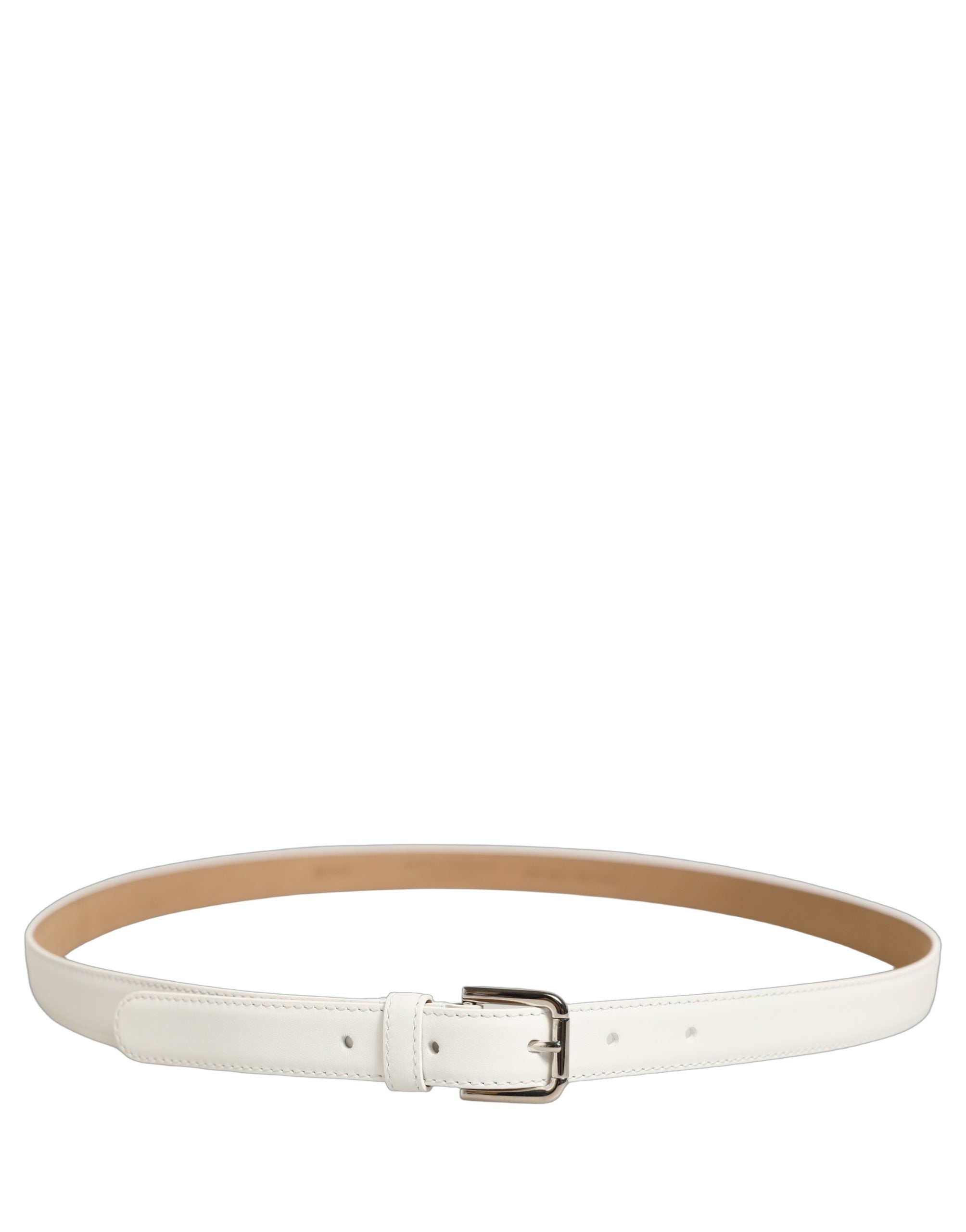 Dolce & Gabbana White Leather Silver Tone Metal Buckle Belt