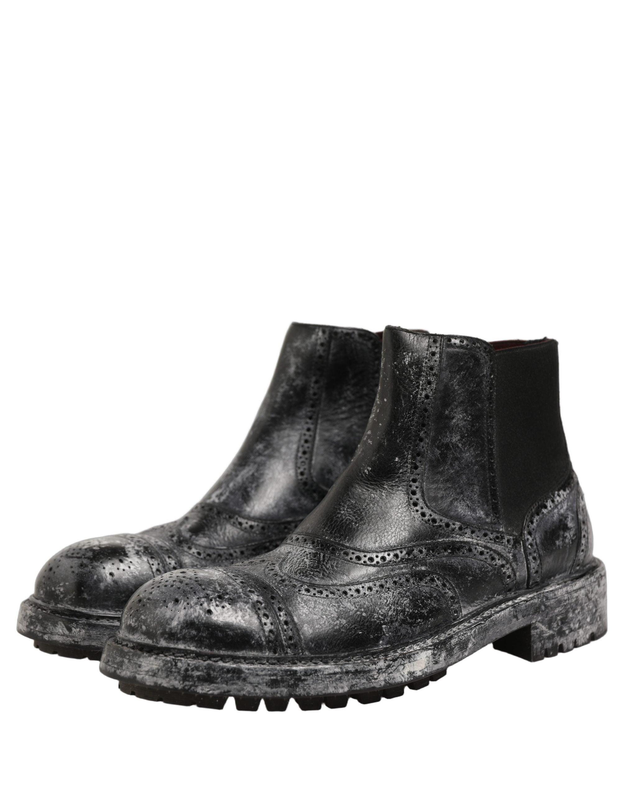 Dolce & Gabbana Black Gray Leather Ankle Chelsea Boots Shoes