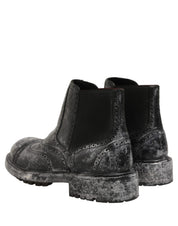 Dolce & Gabbana Black Gray Leather Ankle Chelsea Boots Shoes