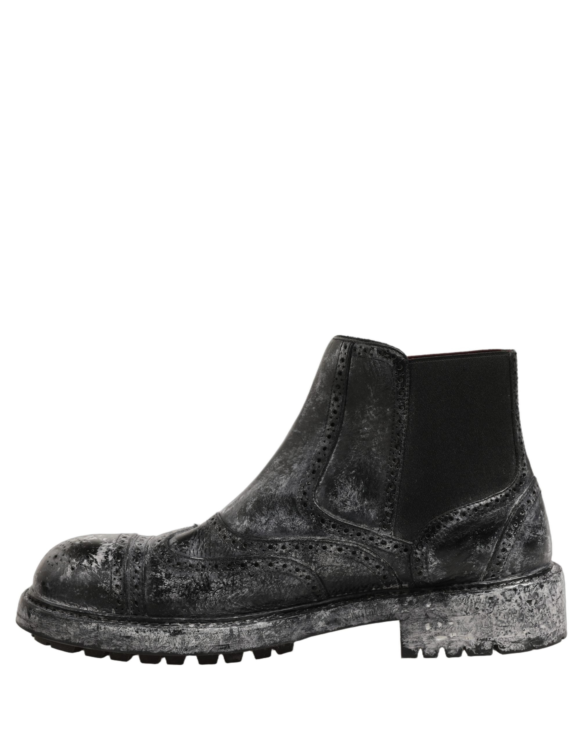 Dolce & Gabbana Black Gray Leather Ankle Chelsea Boots Shoes