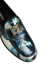 Dolce & Gabbana Metallic Blue Silver Leather DG Loafers Shoes
