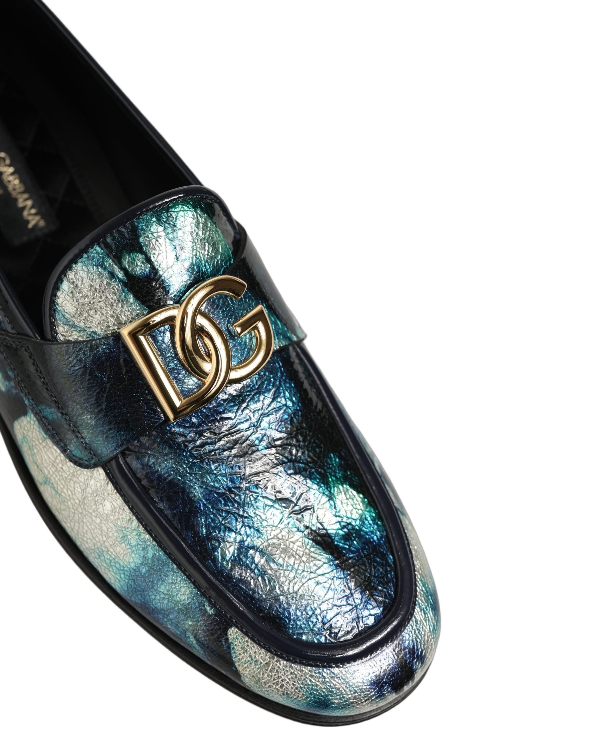 Dolce & Gabbana Metallic Blue Silver Leather DG Loafers Shoes