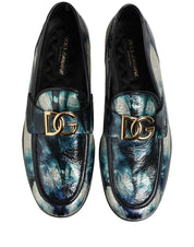 Dolce & Gabbana Metallic Blue Silver Leather DG Loafers Shoes