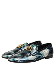 Dolce & Gabbana Metallic Blue Silver Leather DG Loafers Shoes