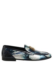 Dolce & Gabbana Metallic Blue Silver Leather DG Loafers Shoes