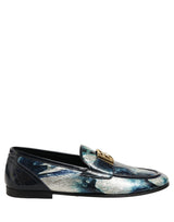 Dolce & Gabbana Metallic Blue Silver Leather DG Loafers Shoes