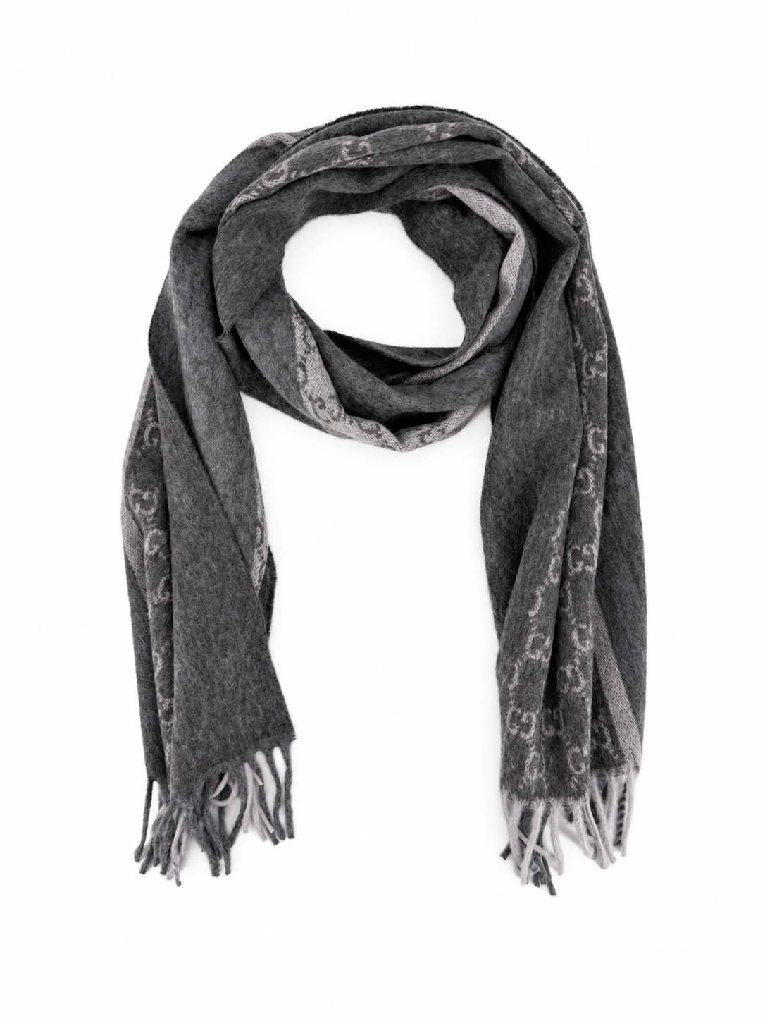 Gucci Monogram Charcoal Grey Cashmere & Wool Scarf with Fringe