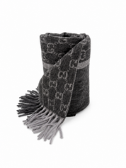 Gucci Monogram Charcoal Grey Cashmere & Wool Scarf with Fringe