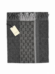 Gucci Monogram Charcoal Grey Cashmere & Wool Scarf with Fringe
