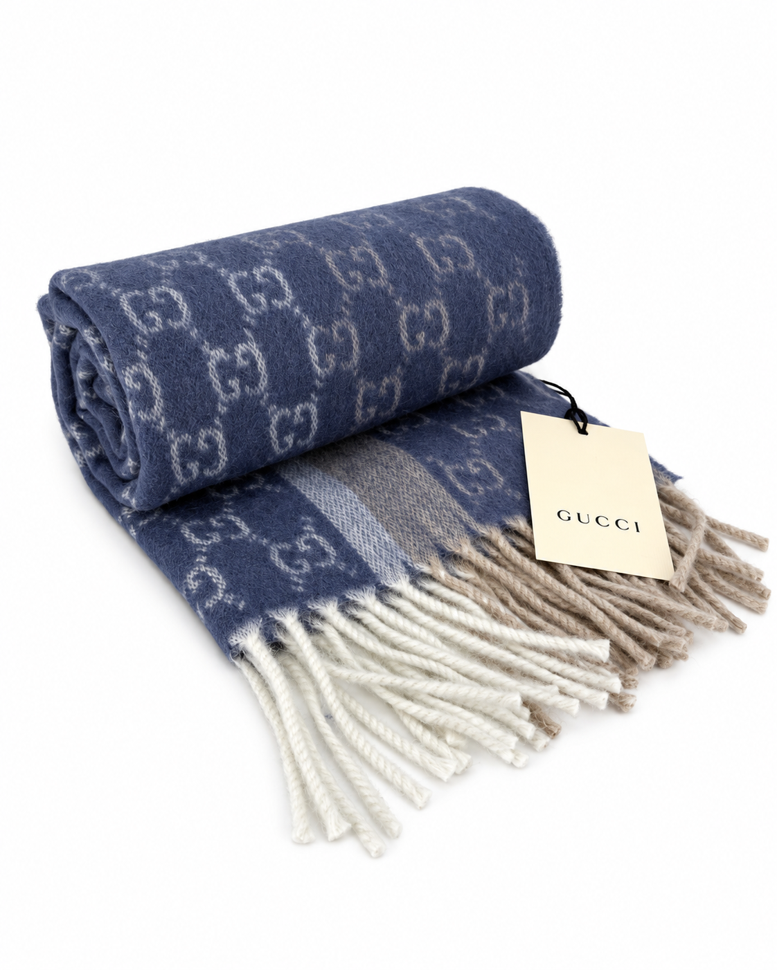 Gucci Monogram Blue Cashmere & Wool Scarf with Beige & Cream Fringe