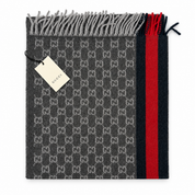 Gucci Monogram Charcoal Grey Cashmere & Wool Scarf with Red & Navy Stripe
