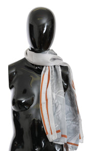 Costume National Gray Red Silk Shawl Foulard Wrap Scarf