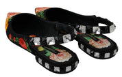 Black Floral Crystal Slingbacks Flats Shoes