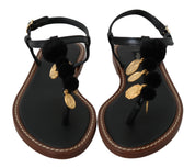 Black Leather Coins Flip Flops Sandals Shoes