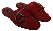 Red Lace Crystal Slide On Flats Shoes