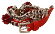 Dolce & Gabbana Red Leather Roses Floral Silver Waist Belt