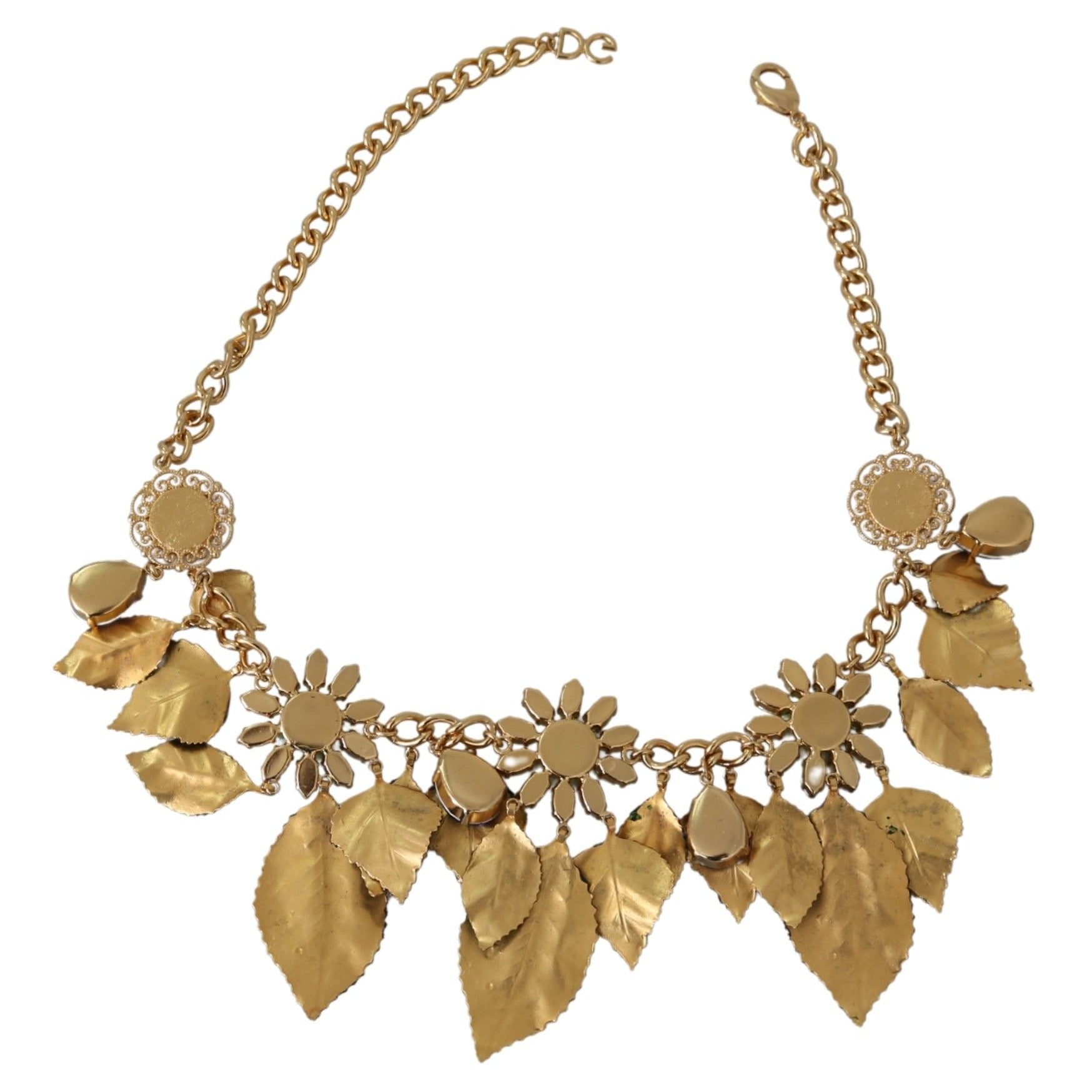 Dolce & Gabbana Green Leaves Gold Brass Crystal Flower Pendant Necklace Dolce & Gabbana