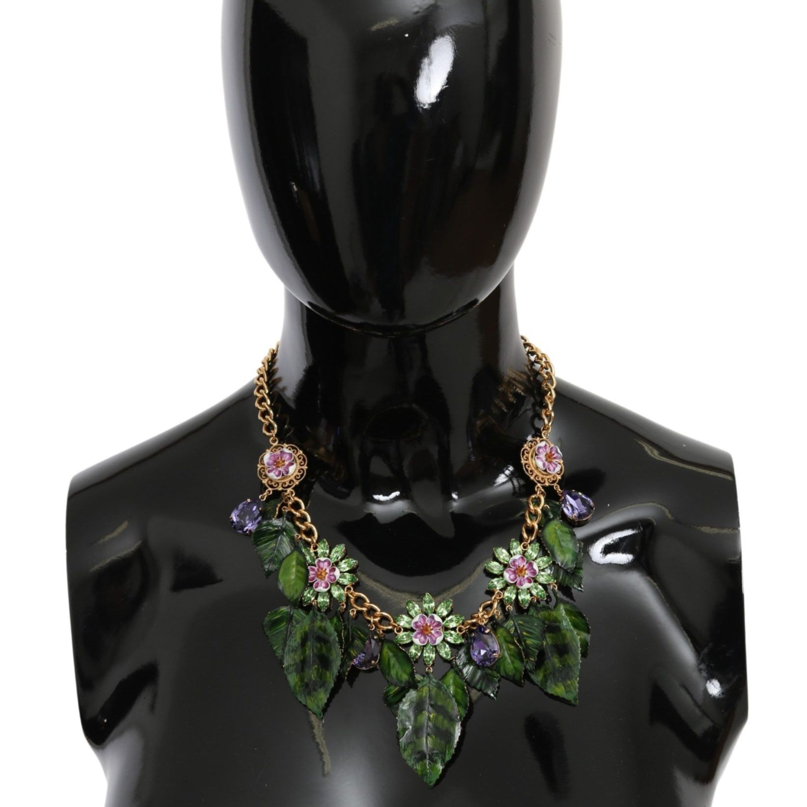 Dolce & Gabbana Green Leaves Gold Brass Crystal Flower Pendant Necklace Dolce & Gabbana